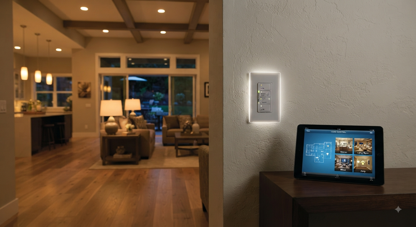 Wall-mounted lighting control panel and tablet showing home control interface in a warmly lit living room